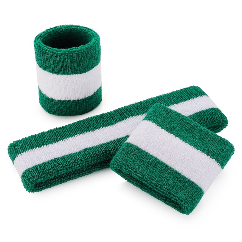 ONUPGO Sweatband Set Sports Headband Wristband Set Sweatbands Terry Cloth Wristband Athletic Exercise Basketball Wrist Sweatband and Headbands Moisture Wicking Sweat Absorbing (Green/White/Green) - Image 2